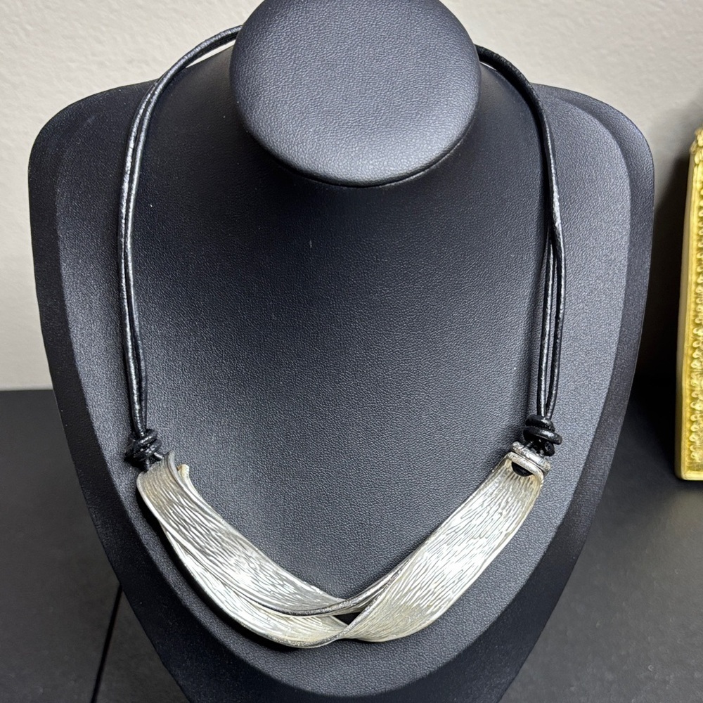 Elegant Striated Twisted Silver Edgy Necklace with Black Cord